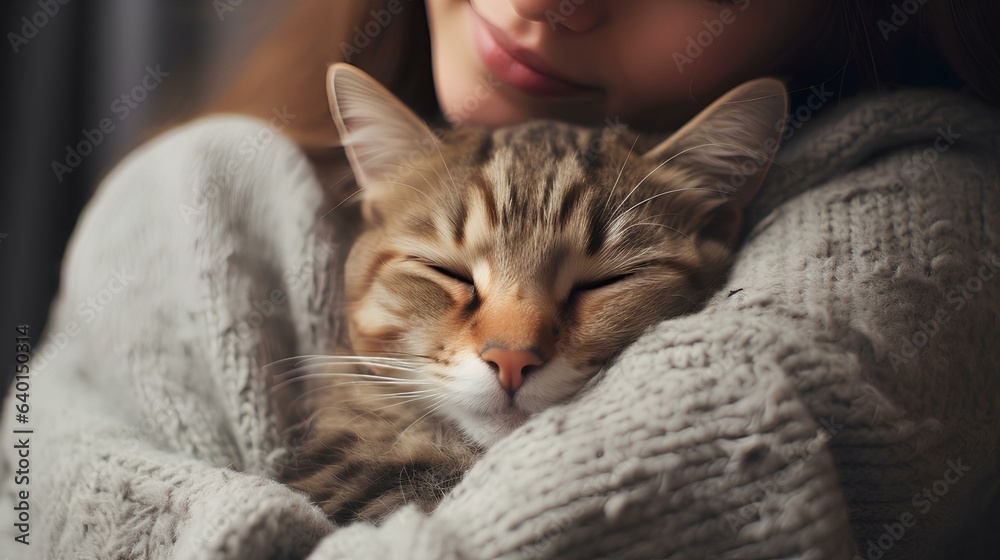 A girl in a warm sweater hugs a cat.