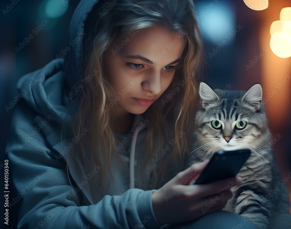 A girl sitting with a phone, and a curious cat next to her, demanding attention.