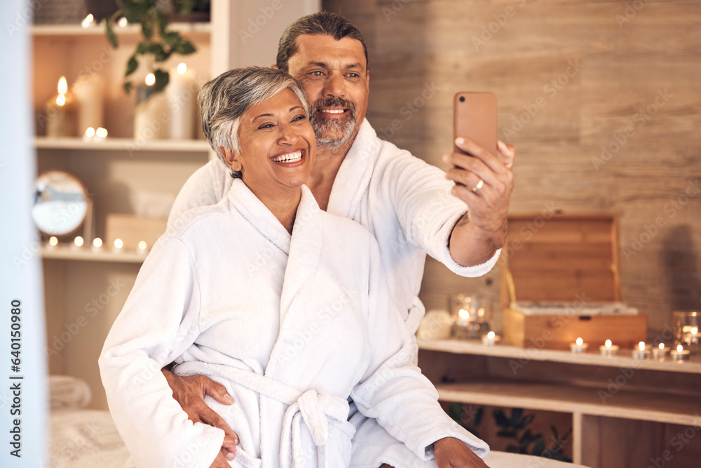 Selfie, smile and love with old couple in spa for anniversary, celebration and social media. Relax, massage and profile picture with senior man and woman in villa for luxury, vacation and peace