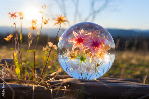 Glass orb with flowers inside outdoors in nature.