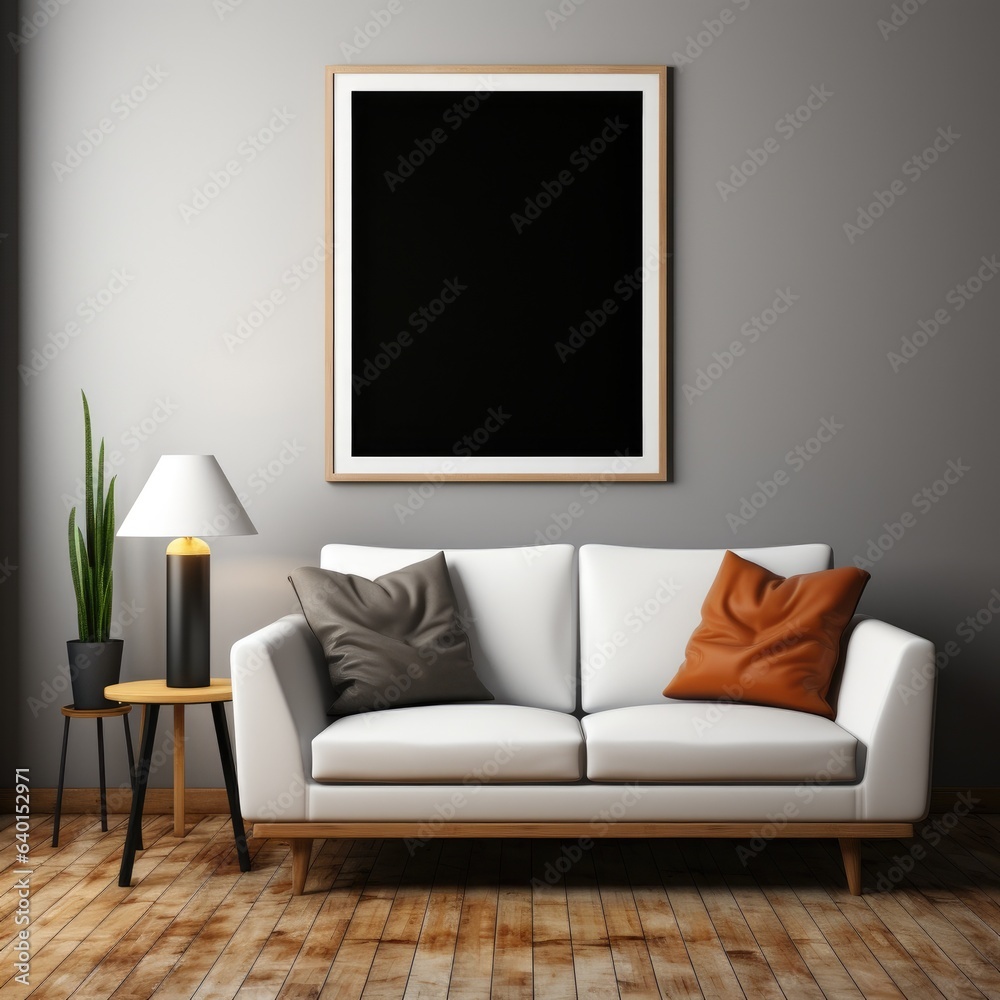 Blank picture frame mockup with luxury sofa on living room. Generative AI Blank picture frame mockup with luxury sofa on living room. Generative AI