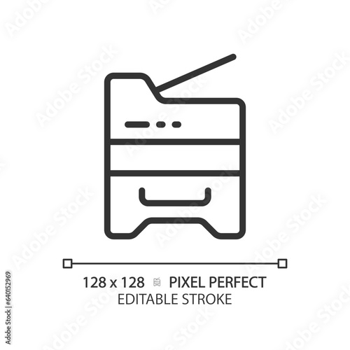 2D pixel perfect editable black copier simple icon, isolated vector, thin line document illustration.