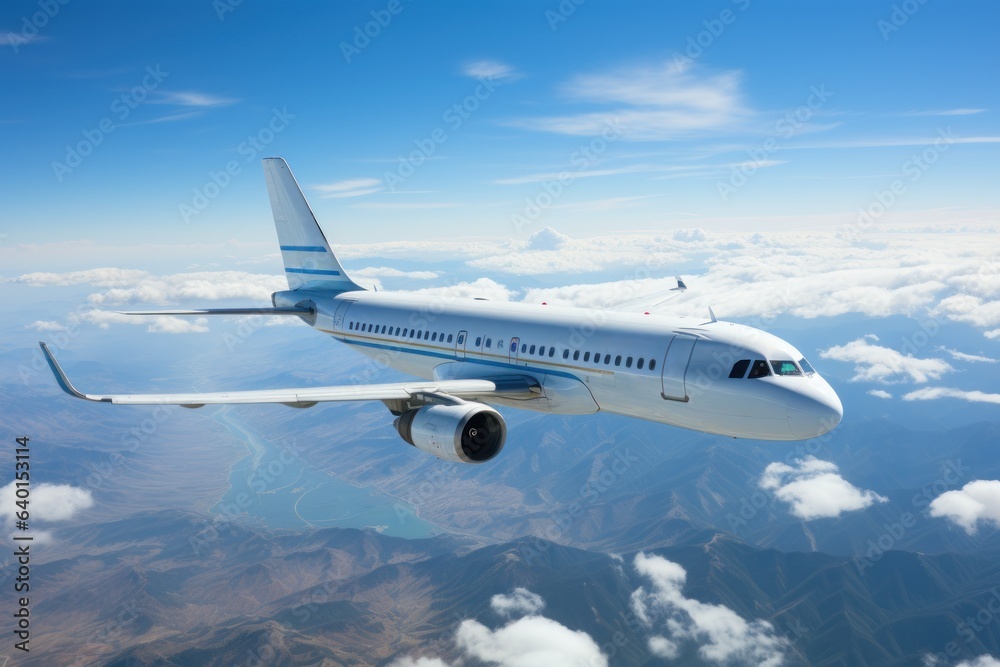 Obraz premium Passenger jet airplane flying above clouds. Generative AI.