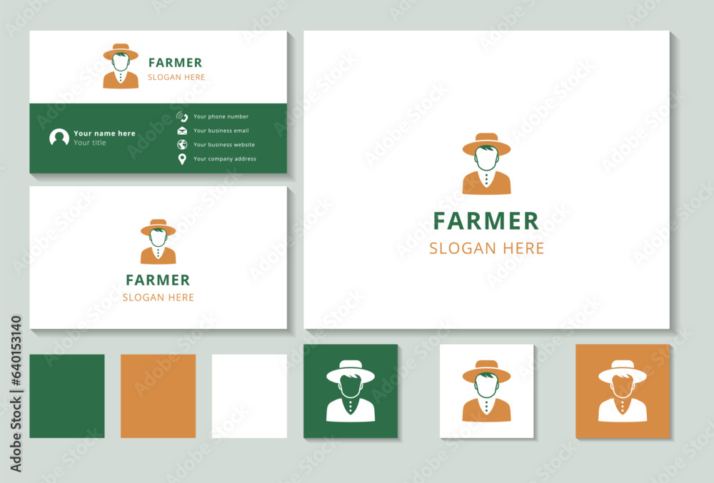 Farmer logo design with editable slogan. Branding book and business card template.