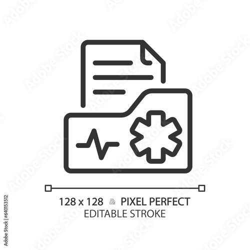 2D pixel perfect editable black medical record simple icon, isolated vector, thin line document illustration.