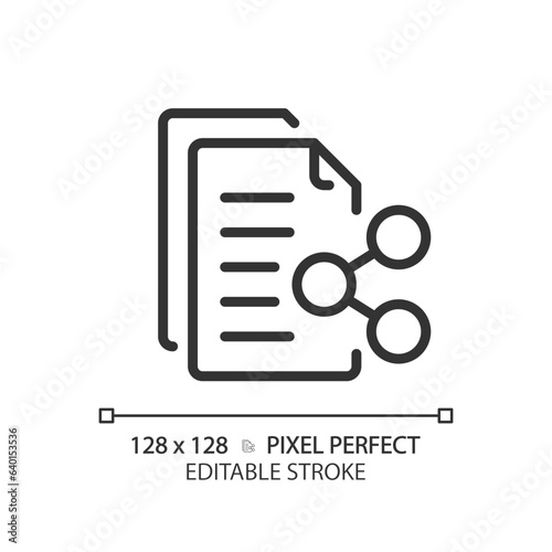 2D pixel perfect editable black document sharing simple icon, isolated vector, thin line document illustration.