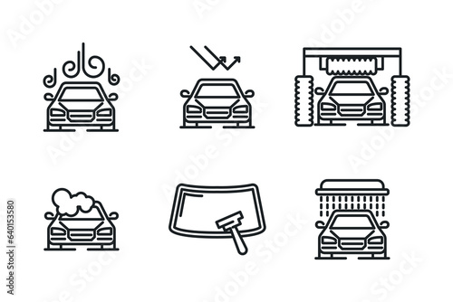 Car care icons, car wash service or wax polish, carwash vector outline symbols.