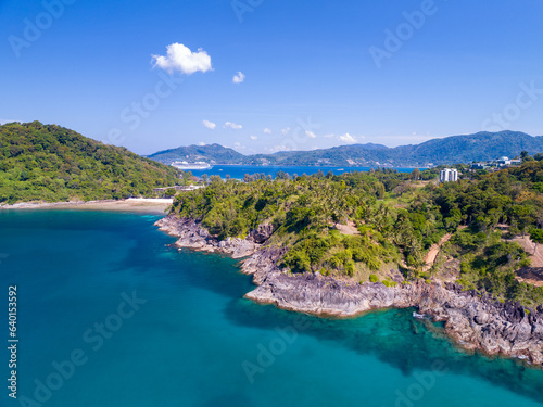 Aerial view seashore with mountains at Phuket Thailand, Beautiful seacoast view at open sea in summer season, Nature recovered Environment and Travel background