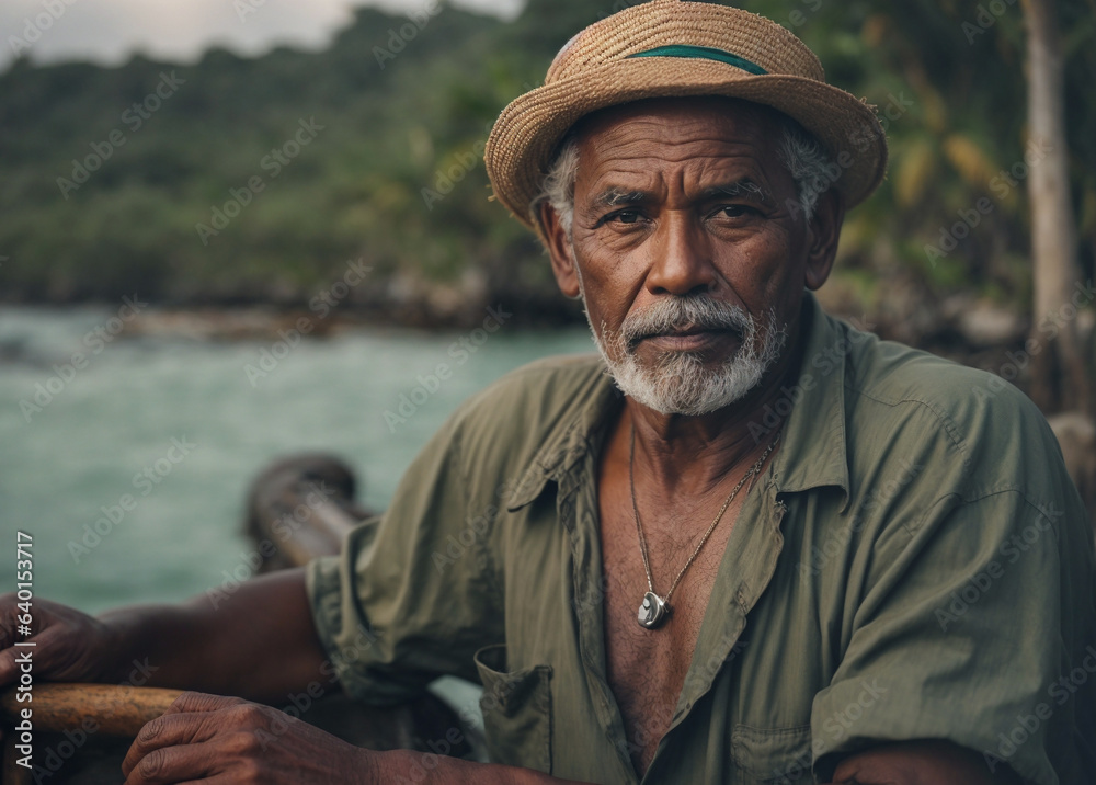 A man wearing a straw hat and a green shirt is sitting on a boat A man wearing a straw hat and a green shirt is sitting on a boat