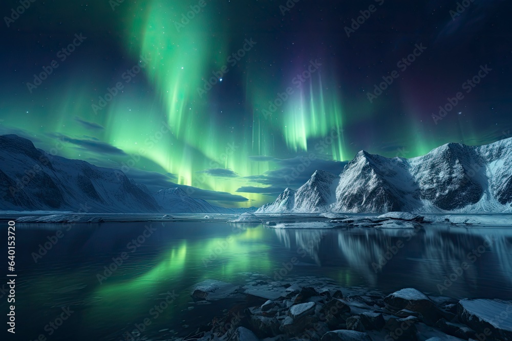Aurora borealis over in the dark night sky over the snowy mountains in the Lofoten. Colorful northern light in iceland. Beautiful Northern Lights aurora borealis borealisgreen Norway nature.