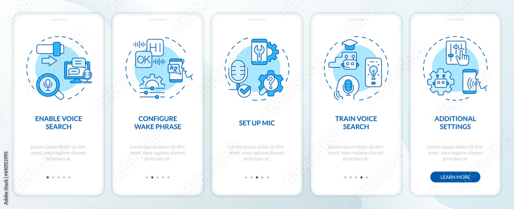 2D icons representing voice assistant mobile app screen set. Walkthrough 5 steps blue graphic instructions with linear icons concept, UI, UX, GUI template.