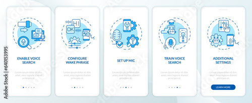 2D icons representing voice assistant mobile app screen set. Walkthrough 5 steps blue graphic instructions with linear icons concept, UI, UX, GUI template.