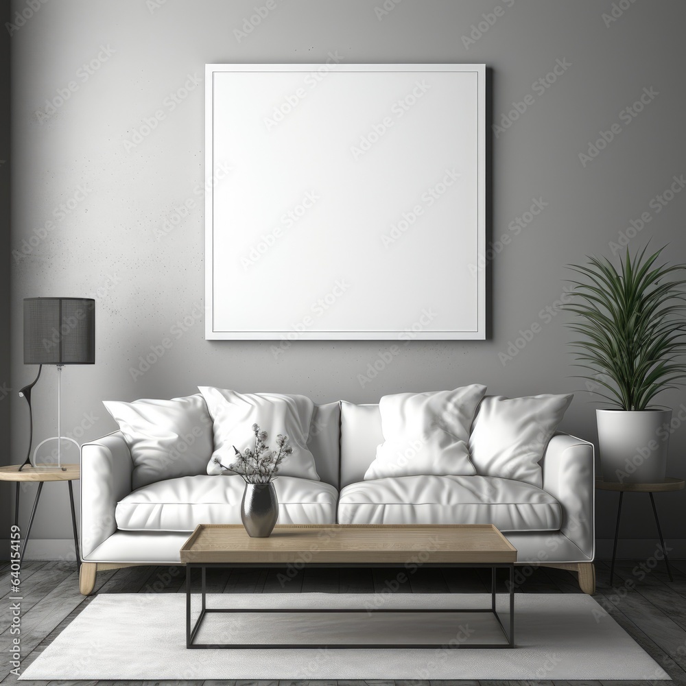 Blank picture frame mockup with luxury sofa on living room. Generative AI