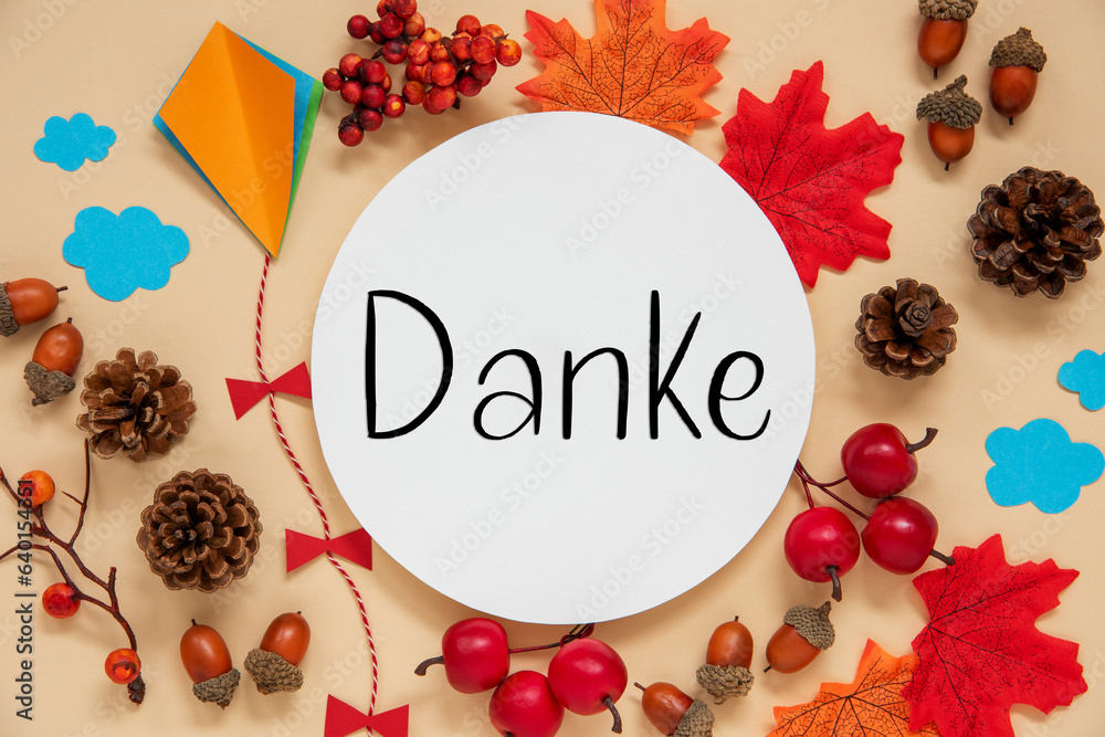 Fall Decoration, Autumn Leaves and Kite, With Text Danke Fall Decoration, Autumn Leaves and Kite, With Text Danke