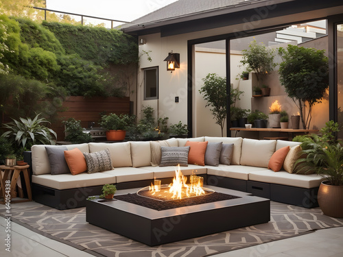 outdoor patio arrangement with table, chair and fire place, the most comfortable gathering place with plant decorations photo