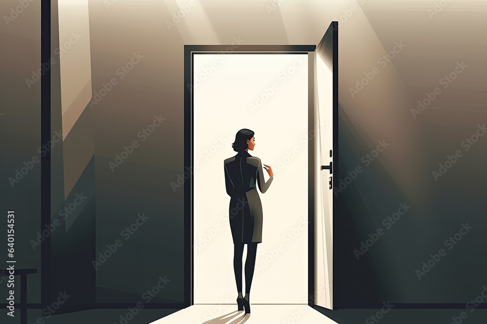 lonely girl stands in front of an open door on a gray wall illustration