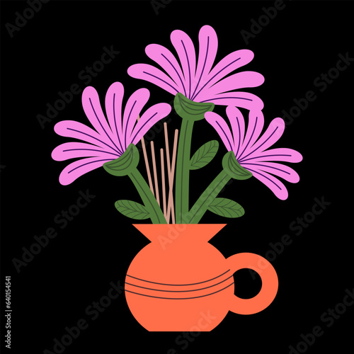 Fresh flowers purpur abstract bouquets. Geometric vases with bouquets of flowers in a trendy cartoon style. Botanical elements. Vintage groovy composition with hippie flowers.