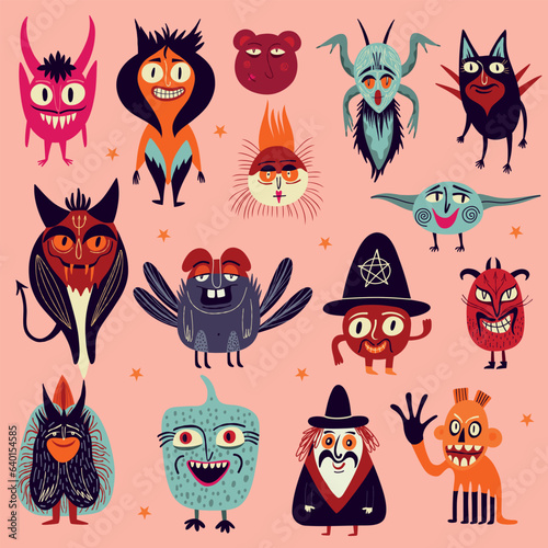 Vibrant bright Strange ugly Halloween characters. Cute bizarre comic characters in modern flat hand drawn childish style