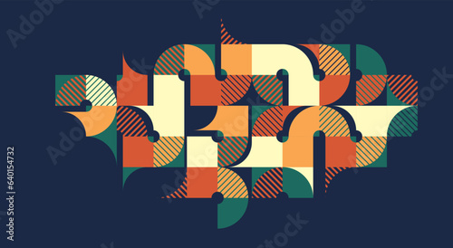Abstract geometric background over dark, modular tiling ceramic colored ethnic motif graphic design composition, native American Aztec ornament art.