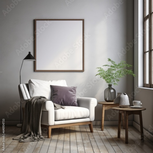 Blank picture frame mockup with luxury sofa on living room. Generative AI © itchaznong
