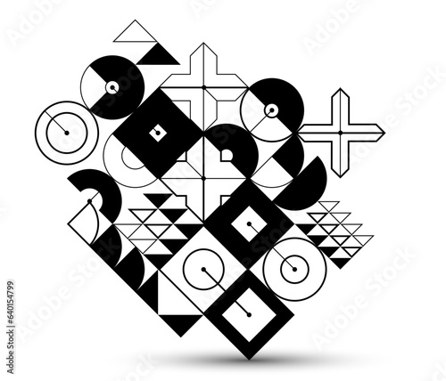 Abstract vector geometric background, tech engineering look like shapes and lines composition, mechanical engine industry style, black and white.