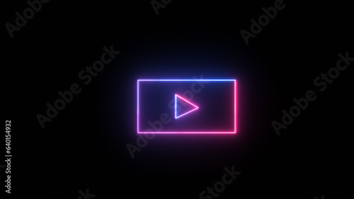 On a black background, an isolated youtube icon with blue and purple neon light is displayed. Illustrative 3D rendering.