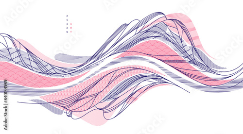 Nature art oriental Japanese style vector abstract background, runny like water shapes and lines with textures.