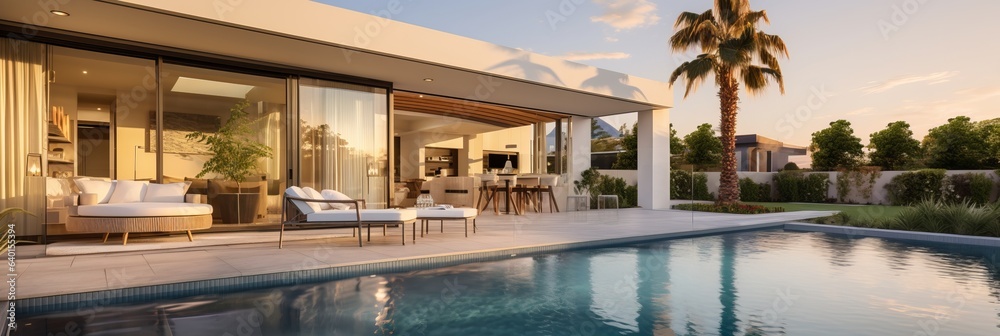 Fototapeta premium Contemporary Villa with Pool and Garden. Generative AI