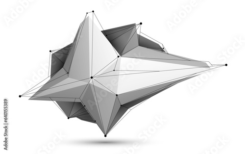 Low poly abstract form isolated on white, vector future shape design polygonal art, dimensional geometric dynamic tech theme, with mesh lines.