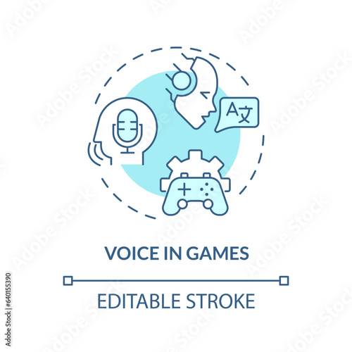 2D editable voice in games thin line blue icon concept, isolated vector, illustration representing voice assistant.