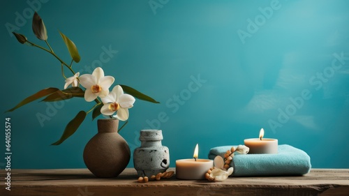 Spa conceptual image with copy space with white orchids and candles created with Generative AI