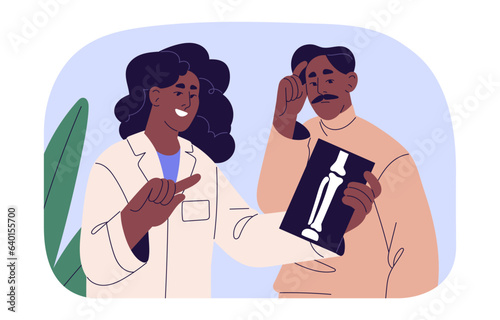 Doctor check xray. Patient and radiologist look at x ray on medical examination in clinic. Radiogram diagnostic, health checkup, people in radiology office. Flat isolated vector illustration on white