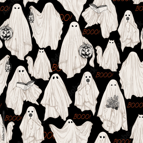 Vector seamless pattern with different ghosts in engraving style