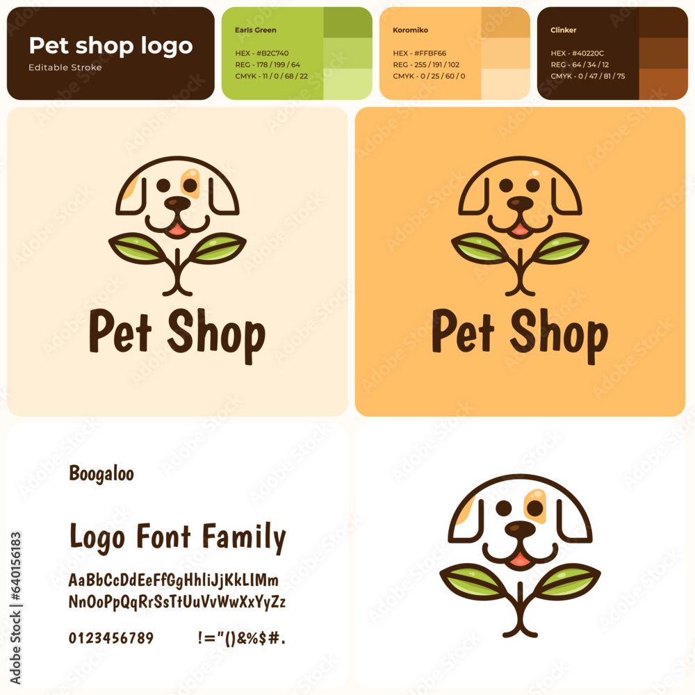 Pet store filled outline colorful company logo. Brand name. Holistic care. Puppy silhouette with leaf symbol. Design element. Fun visual identity. Boogaloo font used. Suitable for pet food, dog treat