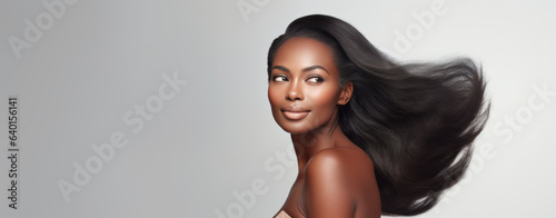 Beautiful black woman with smooth healthy face skin. Gorgeous woman with long hair and happy smiling. Beauty and cosmetics skincare advertising concept. Generative AI.