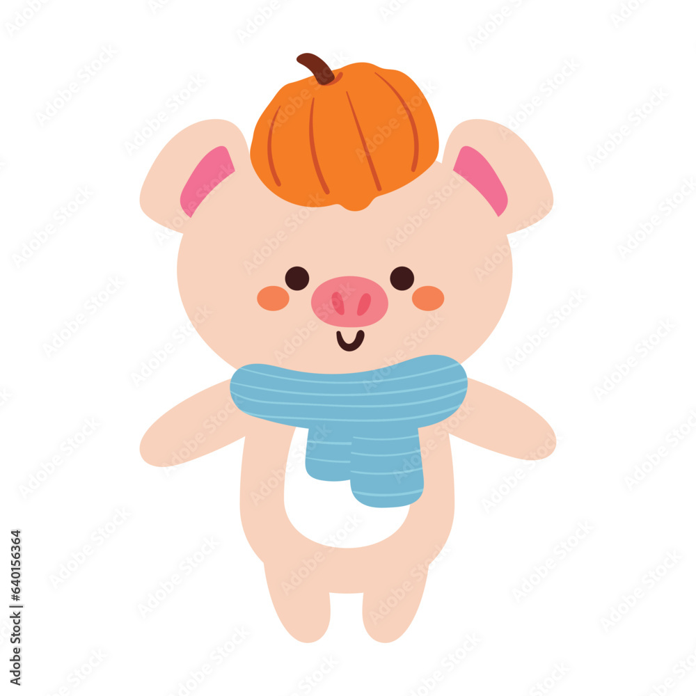 Obraz premium hand drawing cartoon pig with pumpkin. cute halloween and autumn season decor element sticker. design for card, print
