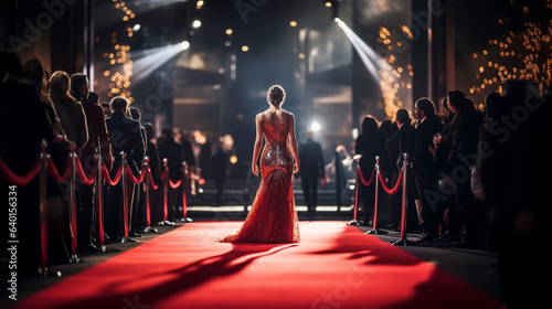 Celebrity nominees hit the red carpet for the premiere. Woman in gorgeous evening dress. Stars hit the red carpet for a glamorous night of awards, photographie, paparazzies, walk photo
