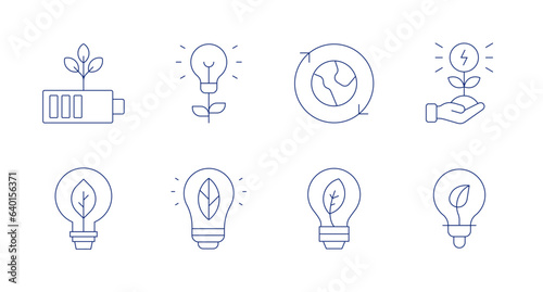 Green energy icons. Editable stroke. Containing battery, innovation, world, sprout, green energy, light bulb.