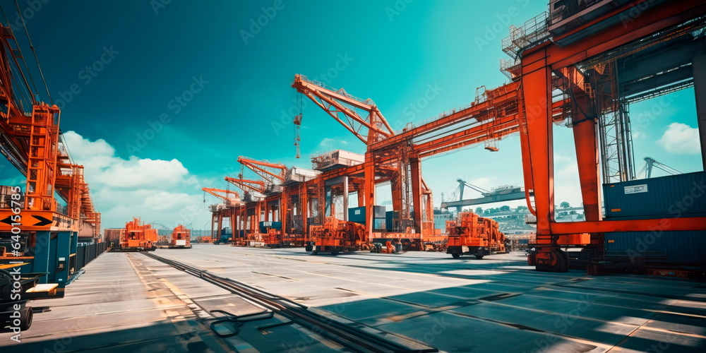 Industrial cranes lifting and moving heavy materials in a dockyard. Generative Ai - obrazy, fototapety, plakaty 