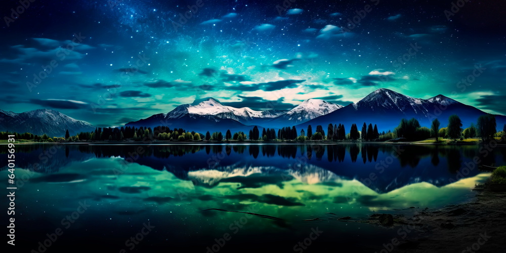 calm lake, where the surface of the water reflects a huge sky with bright stars. Generative AI