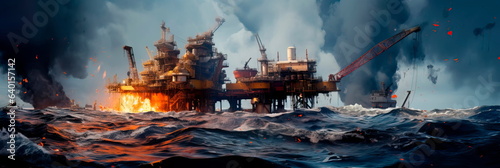 An oil rig disaster at sea, with oil slicks spreading across the ocean surface and threatening marine life. Generative AI