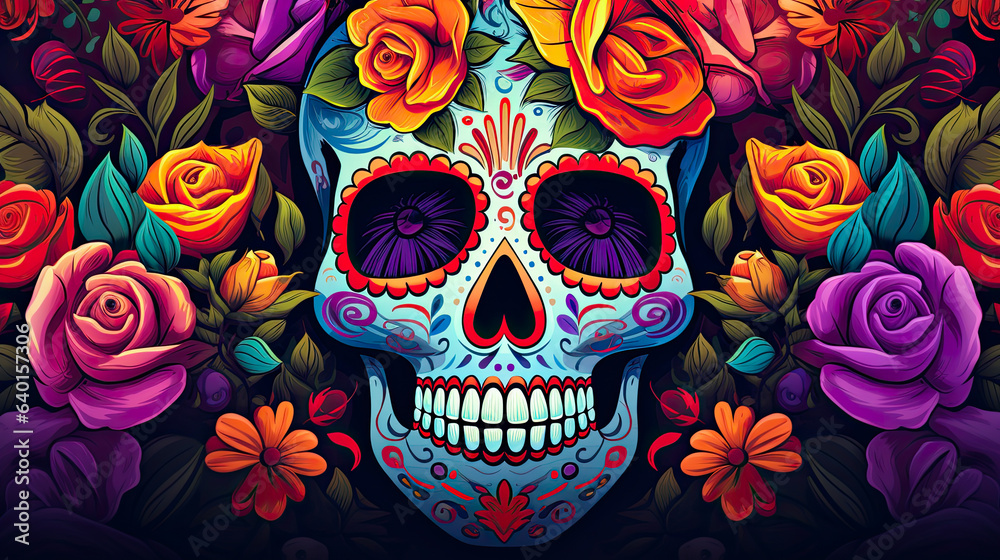 Day of the Dead background. Mexican festival art decoration with sugar skull mask and flowers.