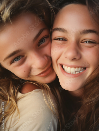 Two smiling teenage girls best friends are hugging and standing cheek to cheek