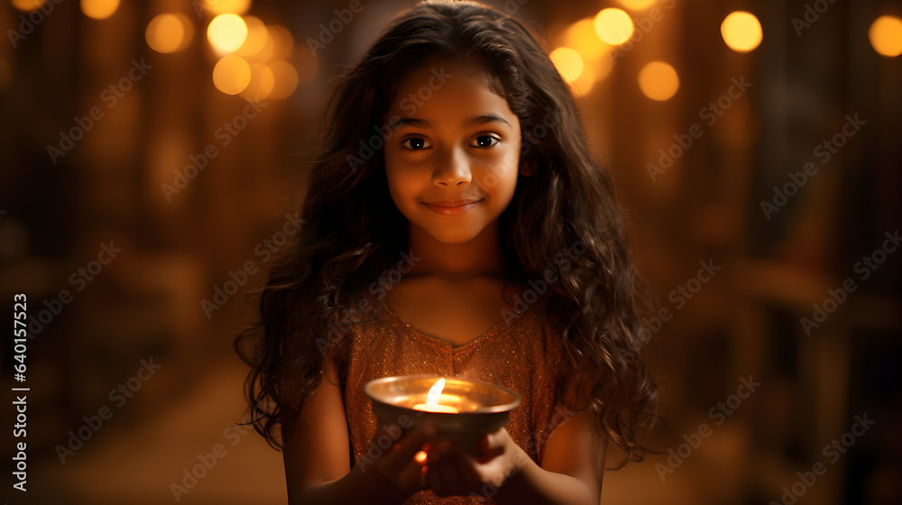 Young Indian Girl Holding Diwali Oil Lamp