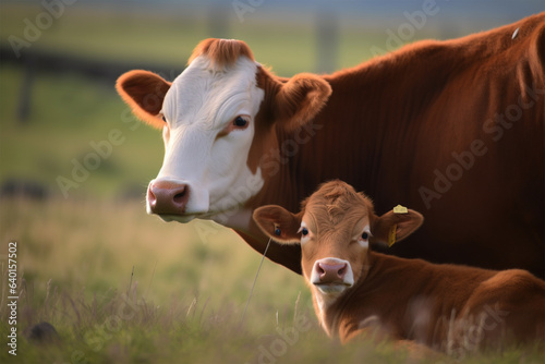 the mother cow is with her cute calf
