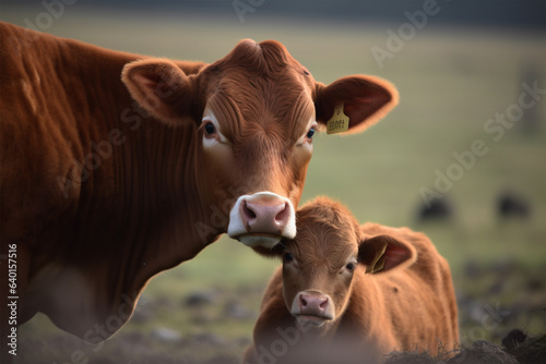 the mother cow is with her cute calf