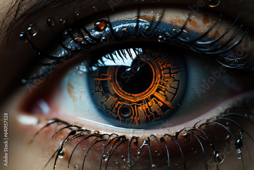 hyper-realistic, the eye of a humanoid android, anamorphic bokeh, ai generated.