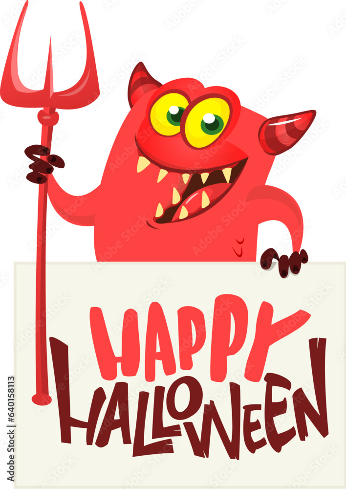 Red devil hand holding white sheet and trident. .Satan holds and signboard. Halloween party illustration. Red devil hand holding white sheet and trident. .Satan holds and signboard. Halloween party illustration.