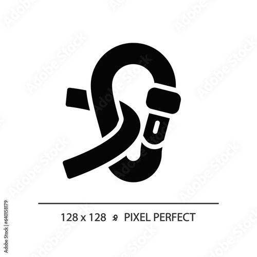 2D pixel perfect glyph style carabiner icon, isolated vector, hiking gear silhouette illustration.