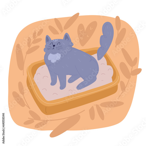 Vector illustration of cute kitten litter box